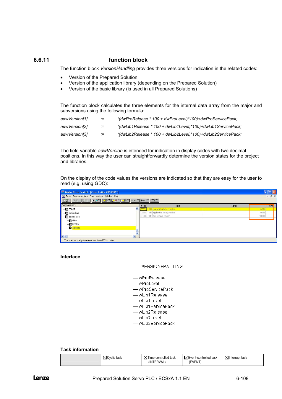 11 versionhandling function block, Interface, Task information | Versionhandling function block -108, Cross cutter | Lenze EVS93xx CrossCutter User Manual | Page 276 / 277