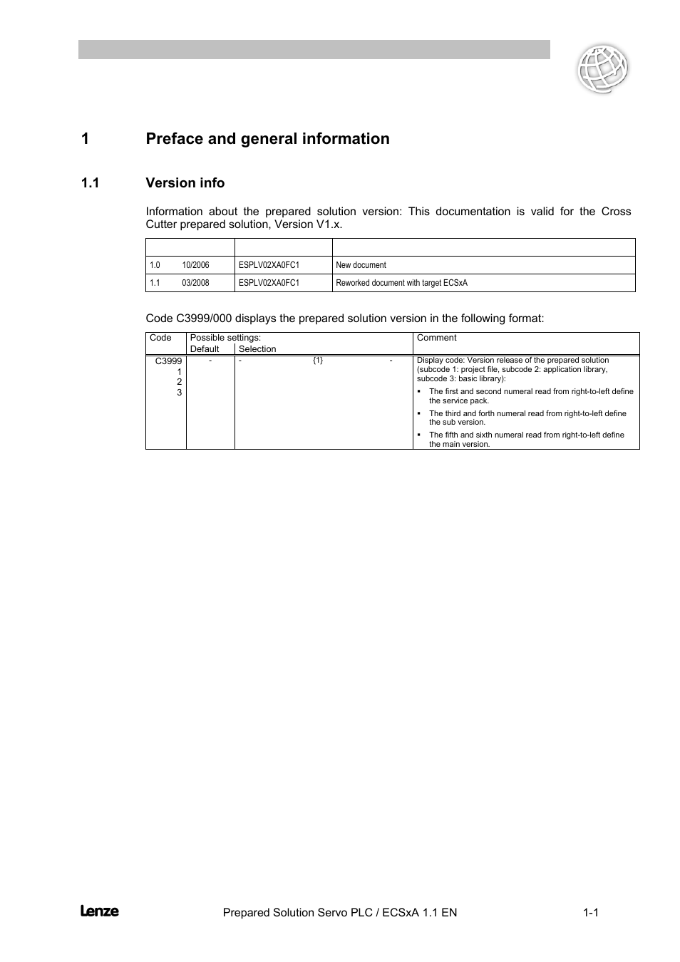 1 preface and general information, 1 version info, Preface and general information -1 | Version info -1, Cross cutter, 1preface and general information, Preface and general information | Lenze EVS93xx CrossCutter User Manual | Page 5 / 277