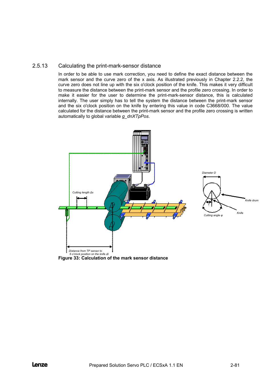 13 calculating the print-mark-sensor distance, Calculating the print-mark-sensor distance -81, Cross cutter | Features of the "cross cutter" prepared solution | Lenze EVS93xx CrossCutter User Manual | Page 95 / 277