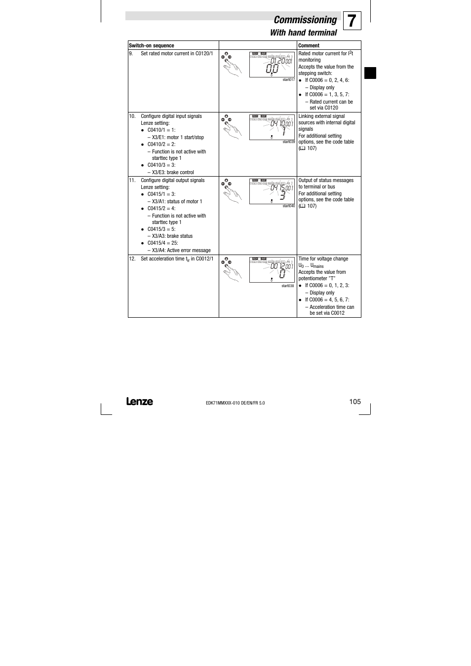 Commissioning, With hand terminal | Lenze EDK71MMXXX−010 User Manual | Page 105 / 200