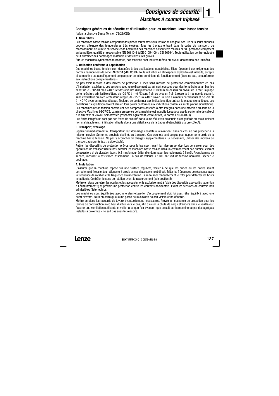 Machines à courant triphasé, Consignes de sécurité | Lenze EDK71MMXXX−010 User Manual | Page 137 / 200