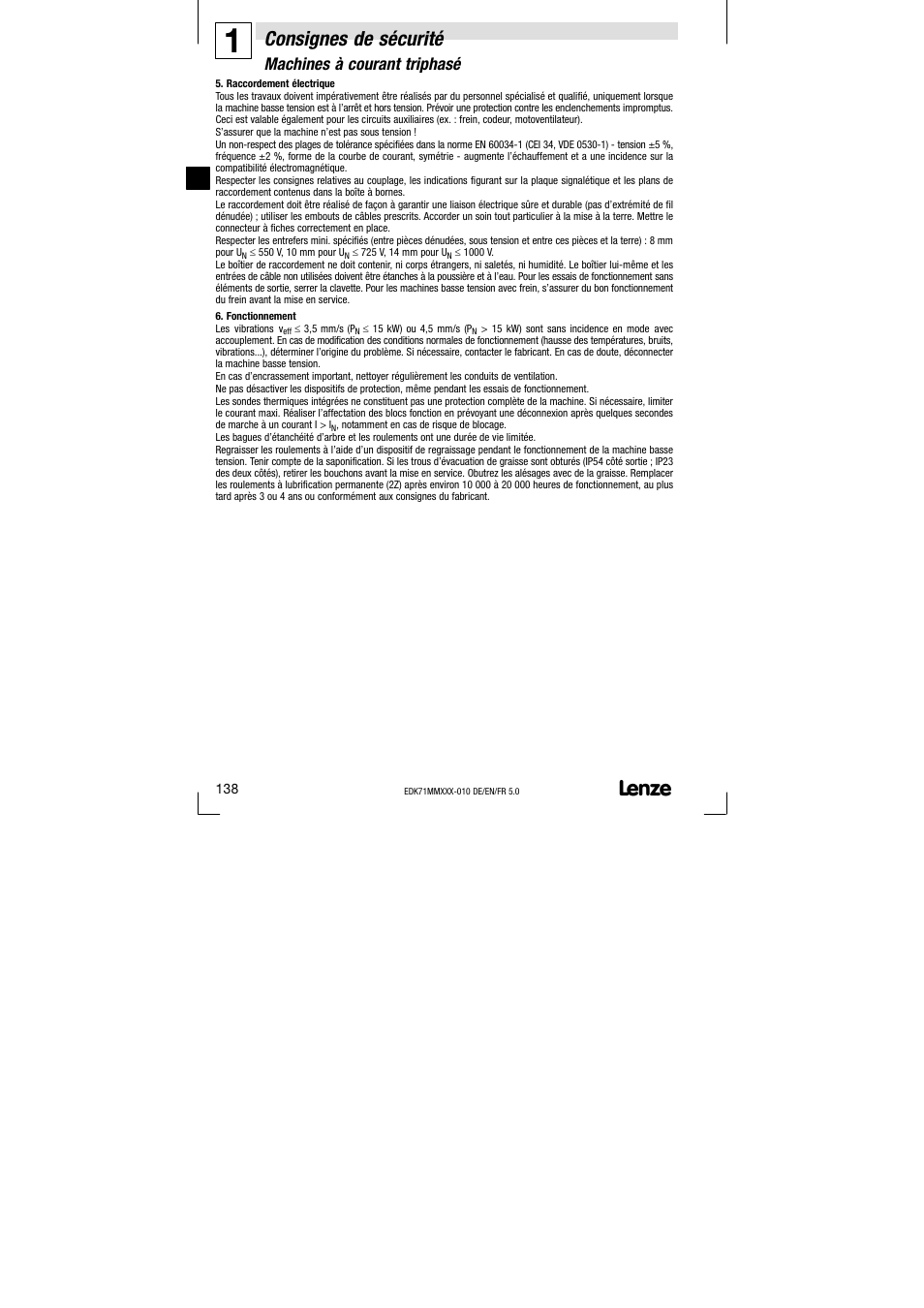 Consignes de sécurité, Machines à courant triphasé | Lenze EDK71MMXXX−010 User Manual | Page 138 / 200