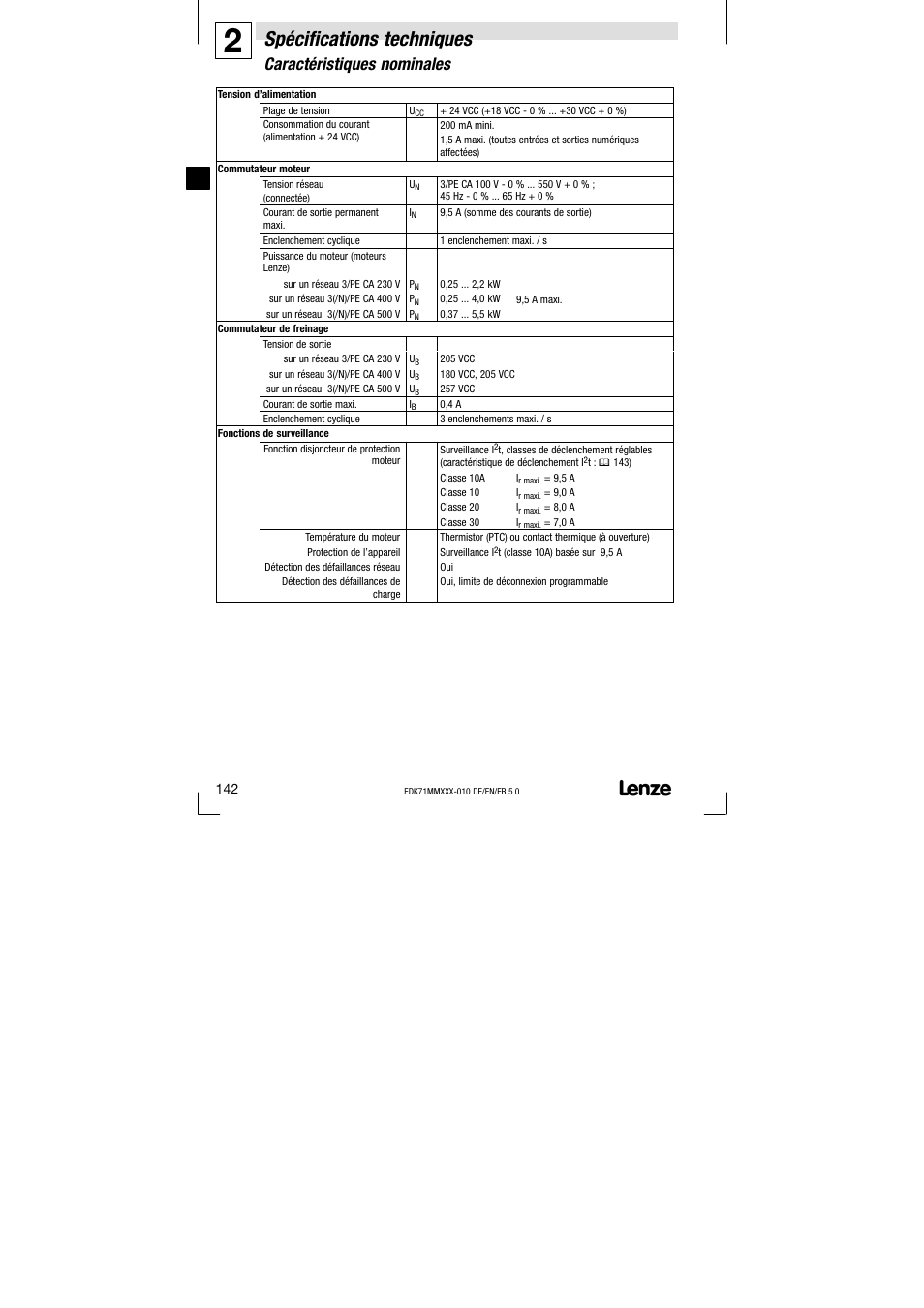 Caractéristiques nominales, Spécifications techniques | Lenze EDK71MMXXX−010 User Manual | Page 142 / 200