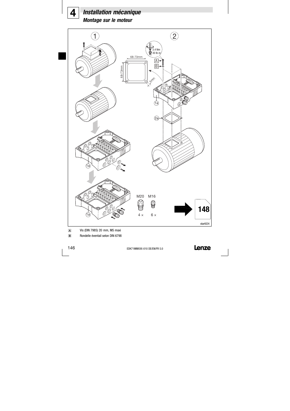 4 installation mécanique, Montage sur le moteur, Installation mécanique | Lenze EDK71MMXXX−010 User Manual | Page 146 / 200