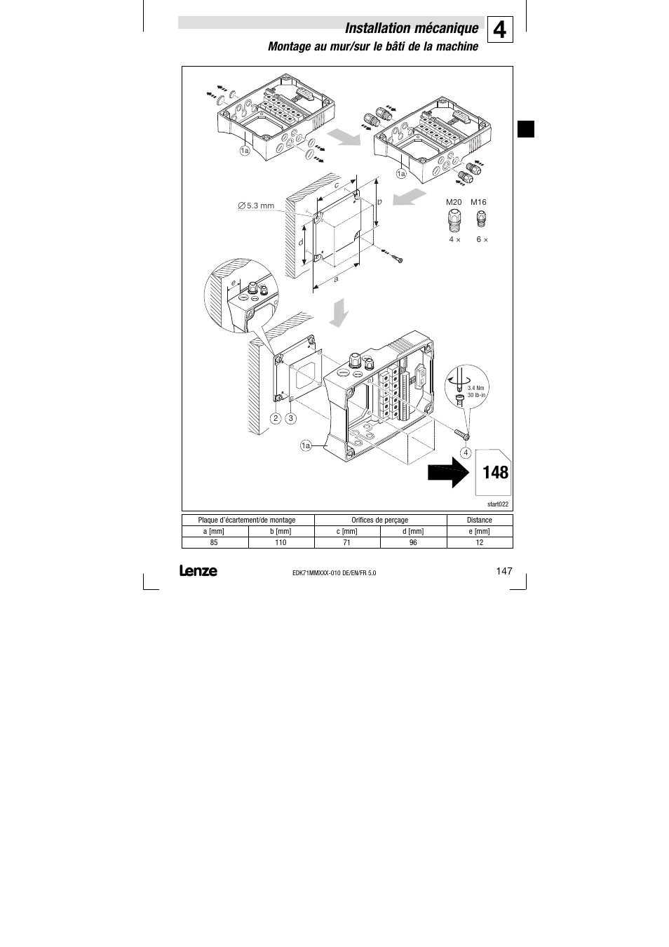 Montage au mur/ sur le bâti de la machine, Montage au mur/sur le bâti de la machine, Installation mécanique | Lenze EDK71MMXXX−010 User Manual | Page 147 / 200