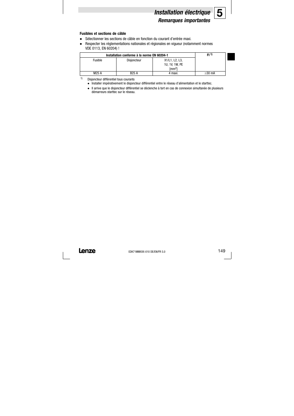 Installation électrique, Remarques importantes | Lenze EDK71MMXXX−010 User Manual | Page 149 / 200