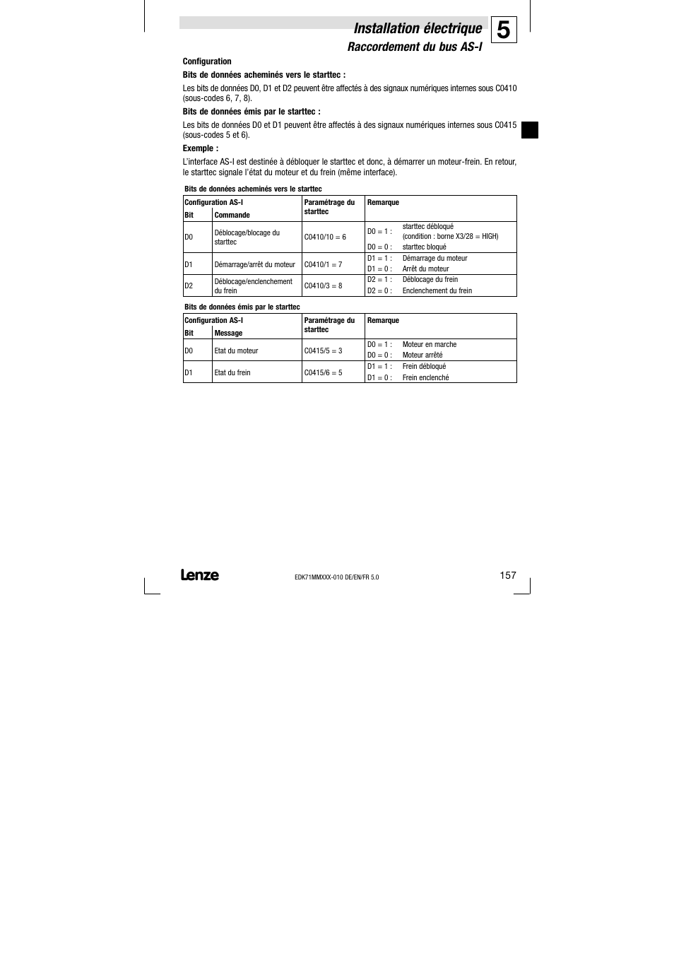 Installation électrique, Raccordement du bus as−i | Lenze EDK71MMXXX−010 User Manual | Page 157 / 200