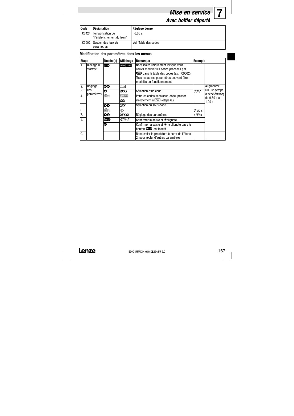 Mise en service, Avec boîtier déporté | Lenze EDK71MMXXX−010 User Manual | Page 167 / 200