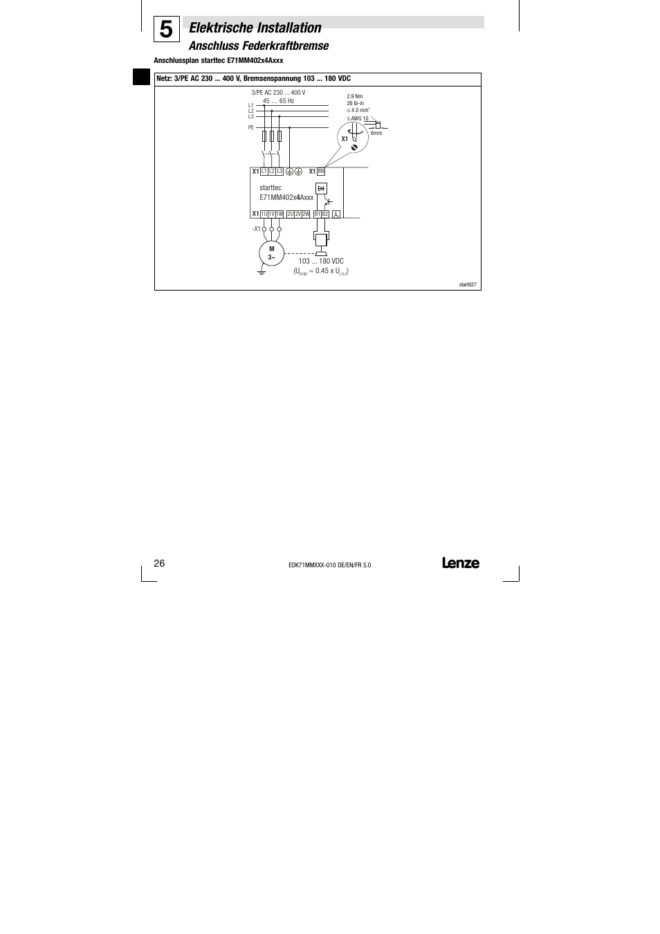 Elektrische installation, Anschluss federkraftbremse | Lenze EDK71MMXXX−010 User Manual | Page 26 / 200