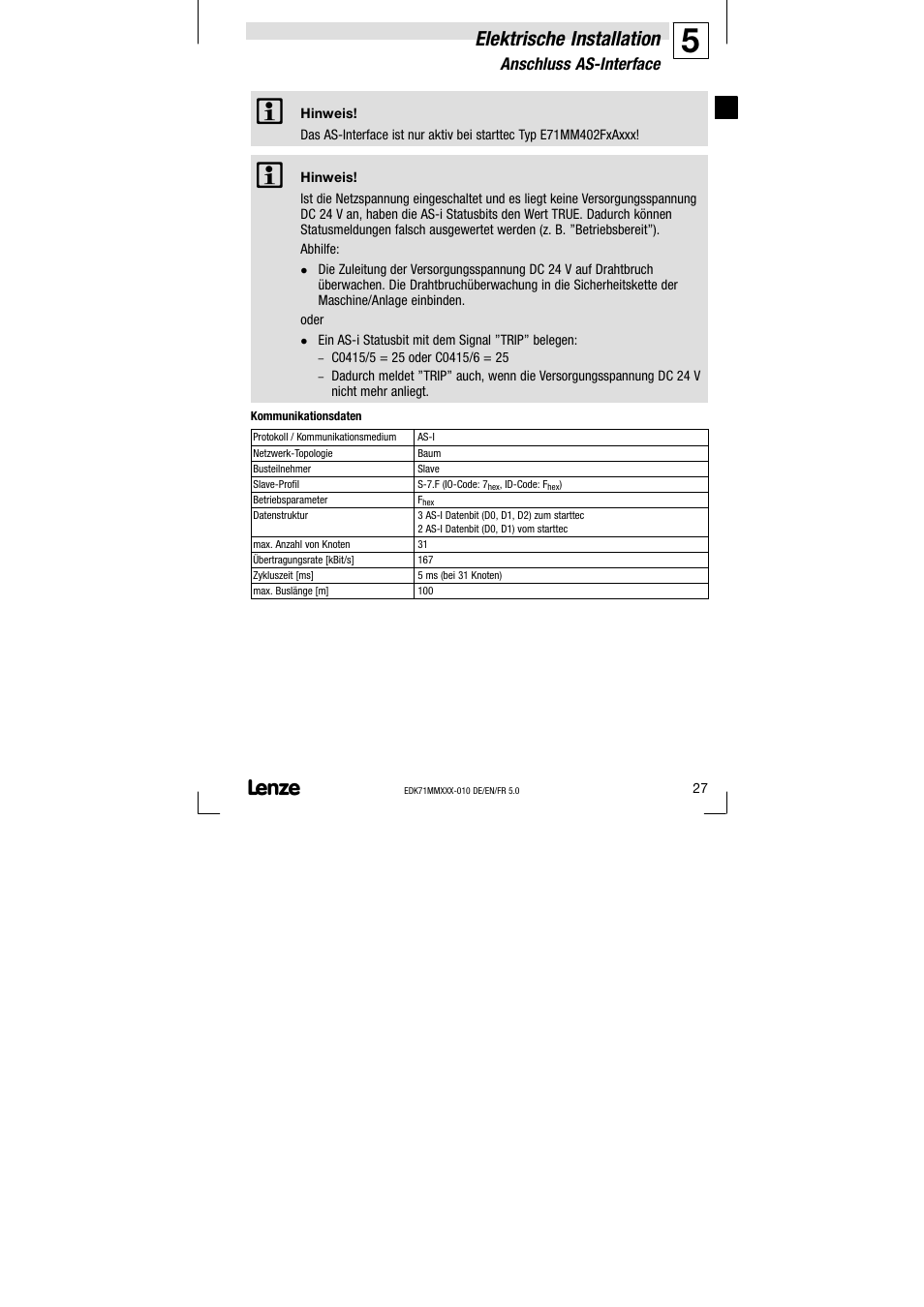 Anschluss as-interface, Anschluss as−interface, Elektrische installation | Lenze EDK71MMXXX−010 User Manual | Page 27 / 200