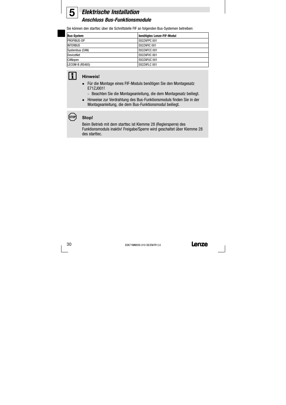 Anschluss bus-funktionsmodule, Anschluss bus−funktionsmodule, Elektrische installation | Lenze EDK71MMXXX−010 User Manual | Page 30 / 200