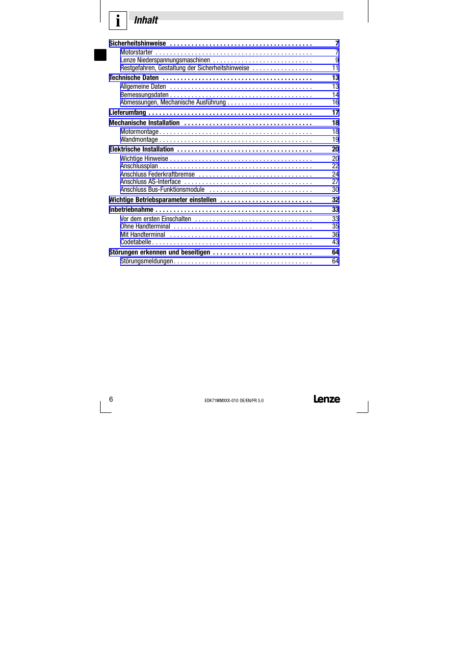 Inhalt | Lenze EDK71MMXXX−010 User Manual | Page 6 / 200