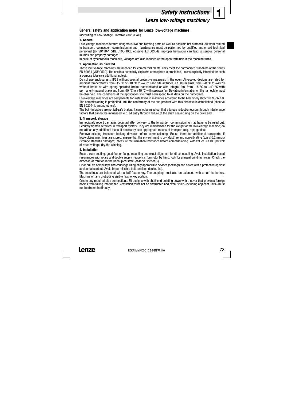 Lenze low-voltage machinery, Lenze low−voltage machinery, Safety instructions | Lenze EDK71MMXXX−010 User Manual | Page 73 / 200