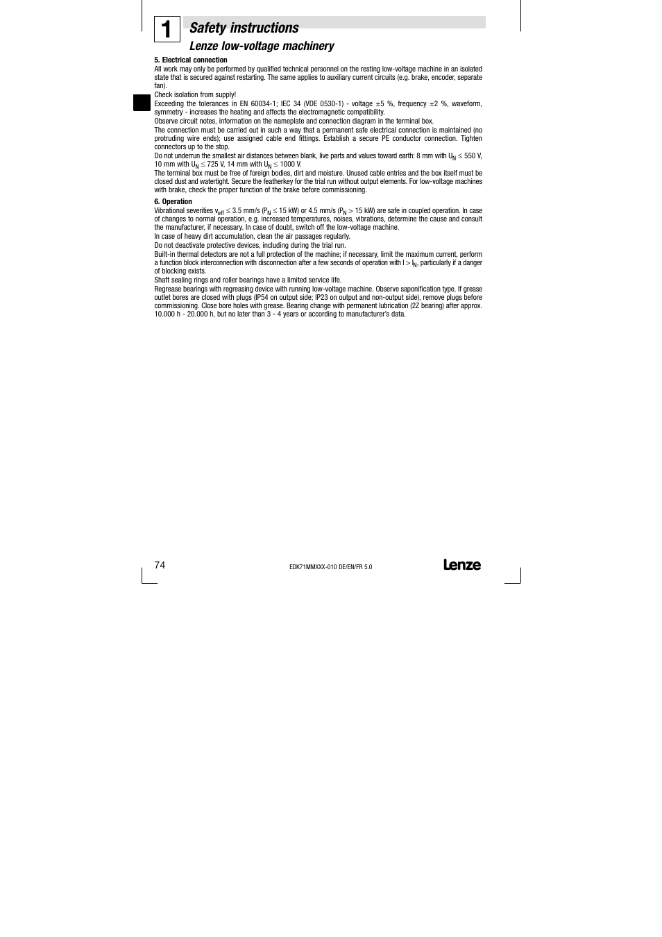 Safety instructions, Lenze low−voltage machinery | Lenze EDK71MMXXX−010 User Manual | Page 74 / 200