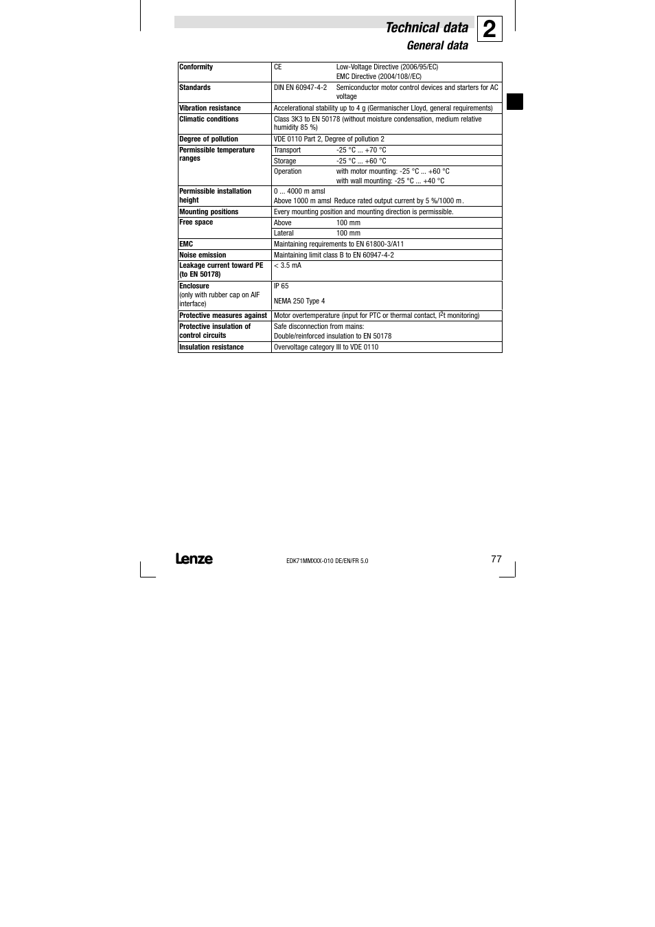 2 technical data, General data, Technical data | Lenze EDK71MMXXX−010 User Manual | Page 77 / 200