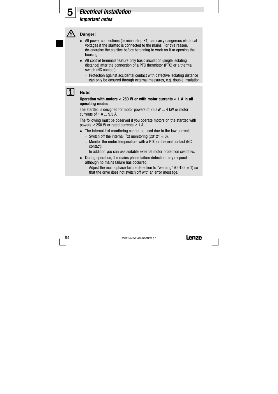 5 electrical installation, Important notes, Electrical installation | Lenze EDK71MMXXX−010 User Manual | Page 84 / 200