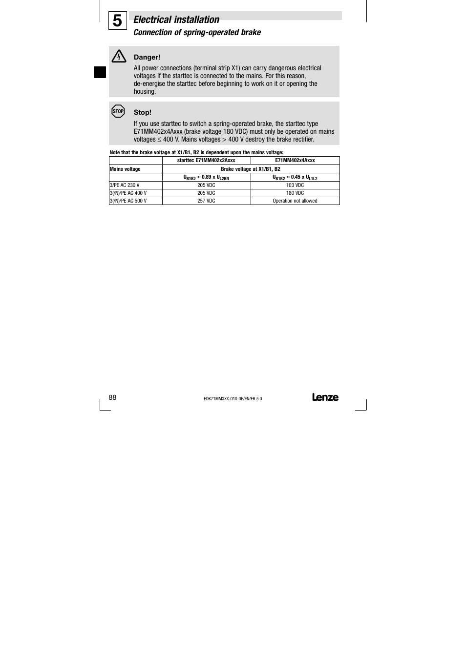 Connection of spring-operated brake, Connection of spring−operated brake, Electrical installation | Lenze EDK71MMXXX−010 User Manual | Page 88 / 200