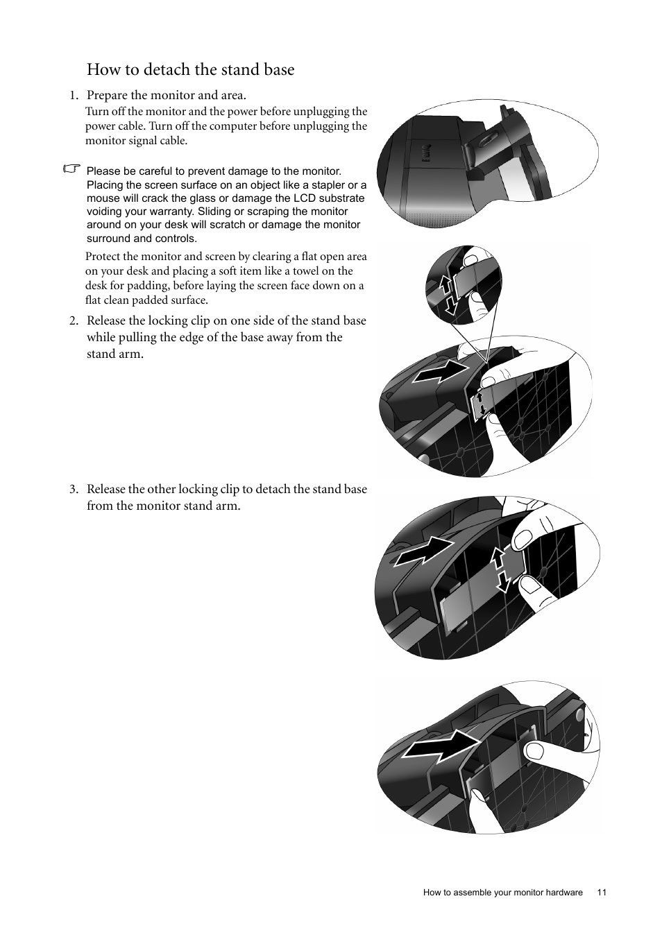 How to detach the stand base | BenQ 22" Wide-Screen LCD Monitor FP222W User Manual | Page 11 / 39