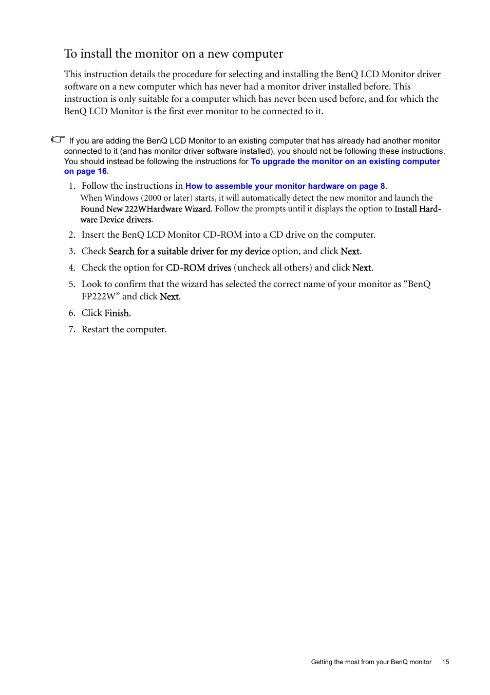 To install the monitor on a new computer | BenQ 22" Wide-Screen LCD Monitor FP222W User Manual | Page 15 / 39