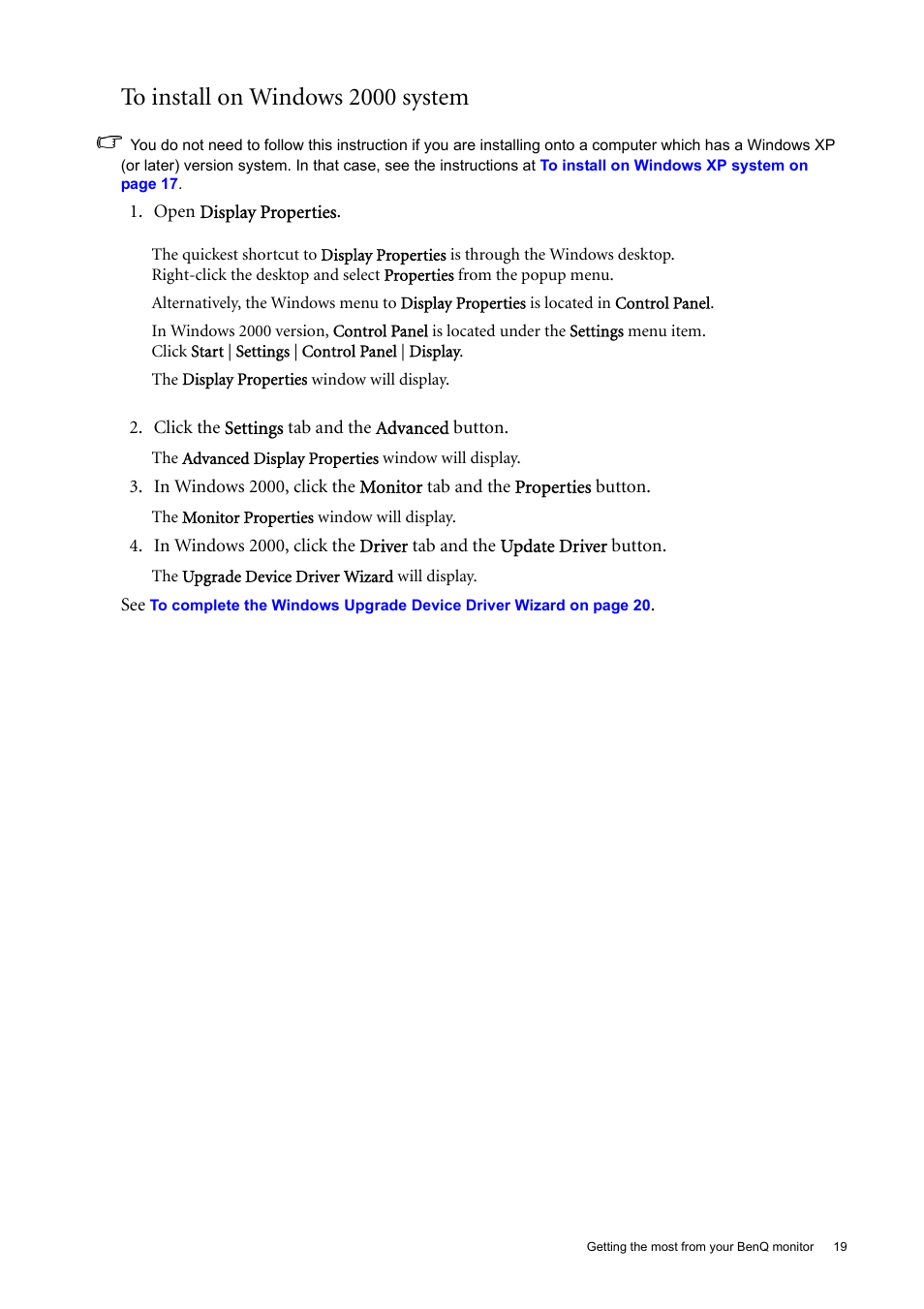 To install on windows 2000 system | BenQ 22" Wide-Screen LCD Monitor FP222W User Manual | Page 19 / 39