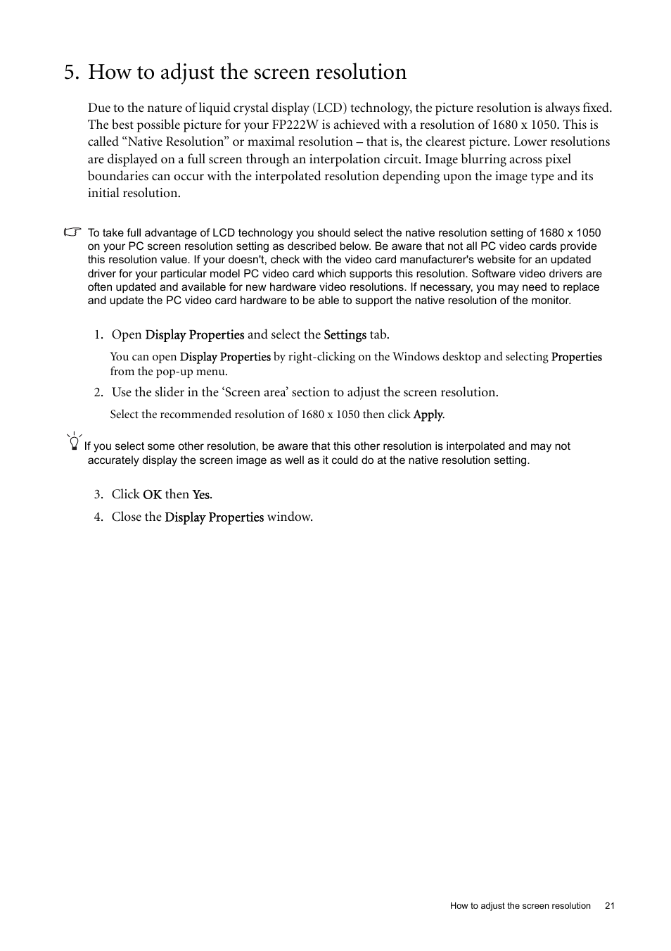 How to adjust the screen resolution | BenQ 22" Wide-Screen LCD Monitor FP222W User Manual | Page 21 / 39