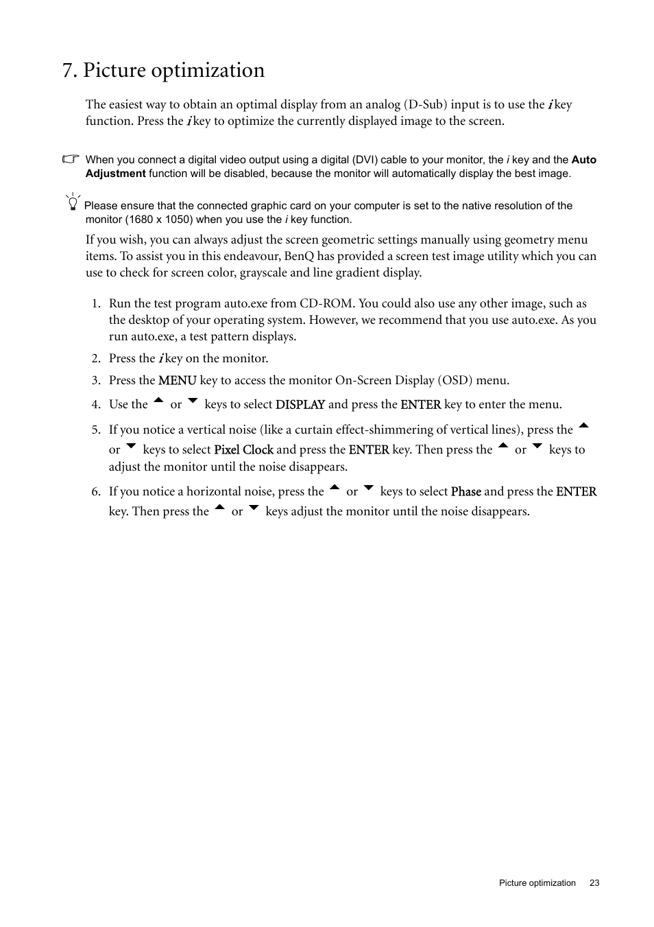 Picture optimization | BenQ 22" Wide-Screen LCD Monitor FP222W User Manual | Page 23 / 39