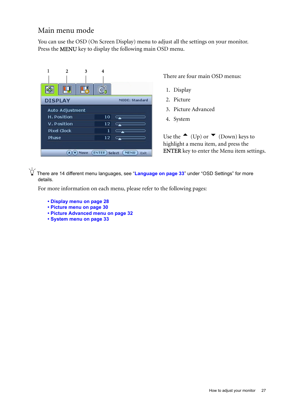 Main menu mode | BenQ 22" Wide-Screen LCD Monitor FP222W User Manual | Page 27 / 39