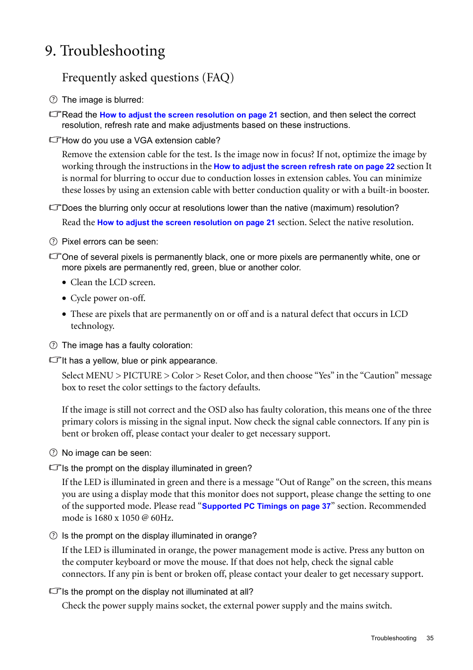 Troubleshooting, Frequently asked questions (faq) | BenQ 22" Wide-Screen LCD Monitor FP222W User Manual | Page 35 / 39