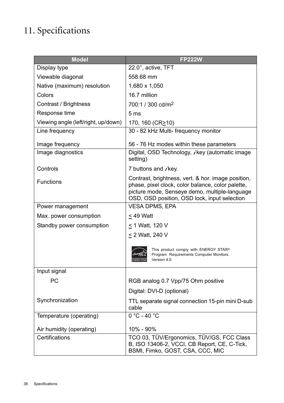 Specifications | BenQ 22" Wide-Screen LCD Monitor FP222W User Manual | Page 38 / 39