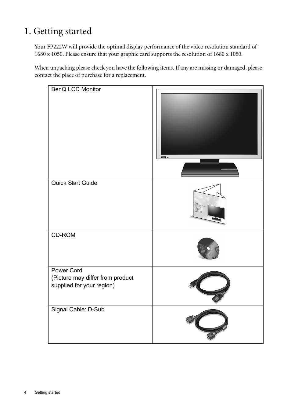 Getting started | BenQ 22" Wide-Screen LCD Monitor FP222W User Manual | Page 4 / 39