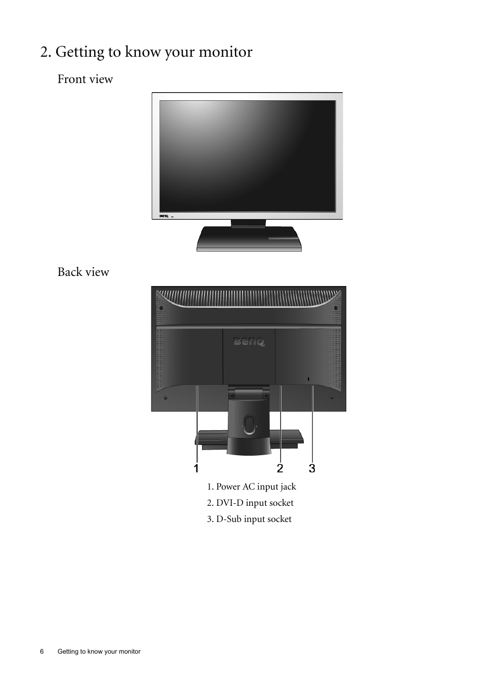 Getting to know your monitor, Front view, Back view | Front view back view | BenQ 22" Wide-Screen LCD Monitor FP222W User Manual | Page 6 / 39