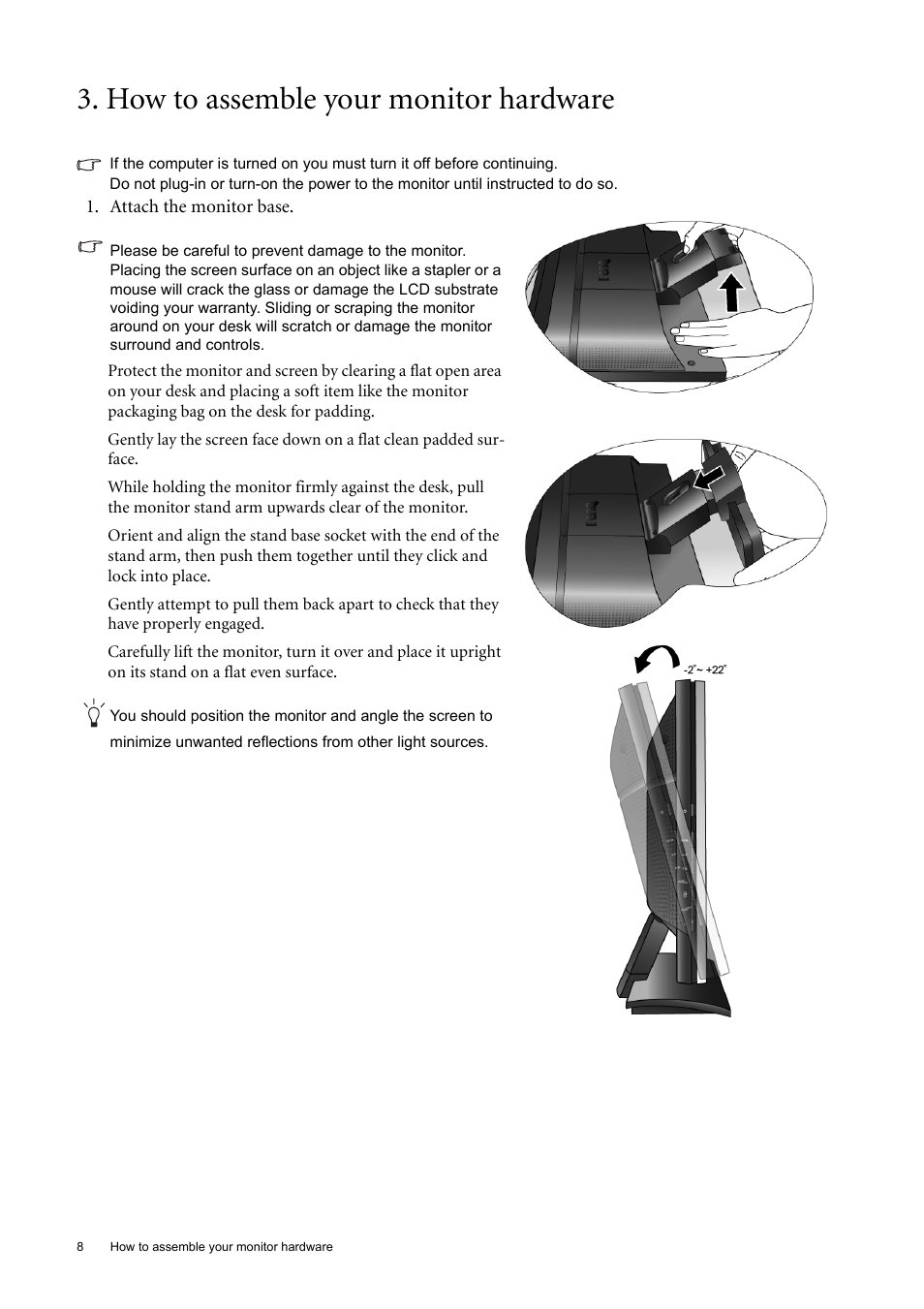 How to assemble your monitor hardware | BenQ 22" Wide-Screen LCD Monitor FP222W User Manual | Page 8 / 39