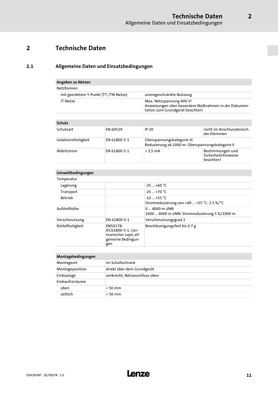 2 technische daten, 1 allgemeine daten und einsatzbedingungen, Technische daten | Allgemeine daten und einsatzbedingungen, 2technische daten | Lenze EZN3B0055H060N003 User Manual | Page 11 / 46