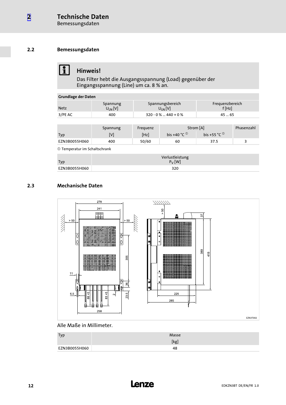 2 bemessungsdaten, 3 mechanische daten, Bemessungsdaten | Mechanische daten, Technische daten, Hinweis | Lenze EZN3B0055H060N003 User Manual | Page 12 / 46