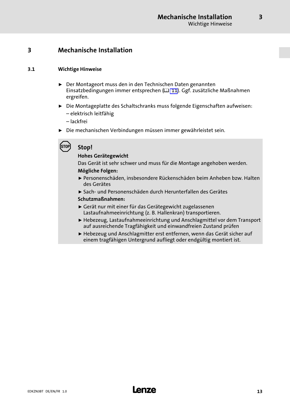 3 mechanische installation, 1 wichtige hinweise, Mechanische installation | Wichtige hinweise, 3mechanische installation | Lenze EZN3B0055H060N003 User Manual | Page 13 / 46