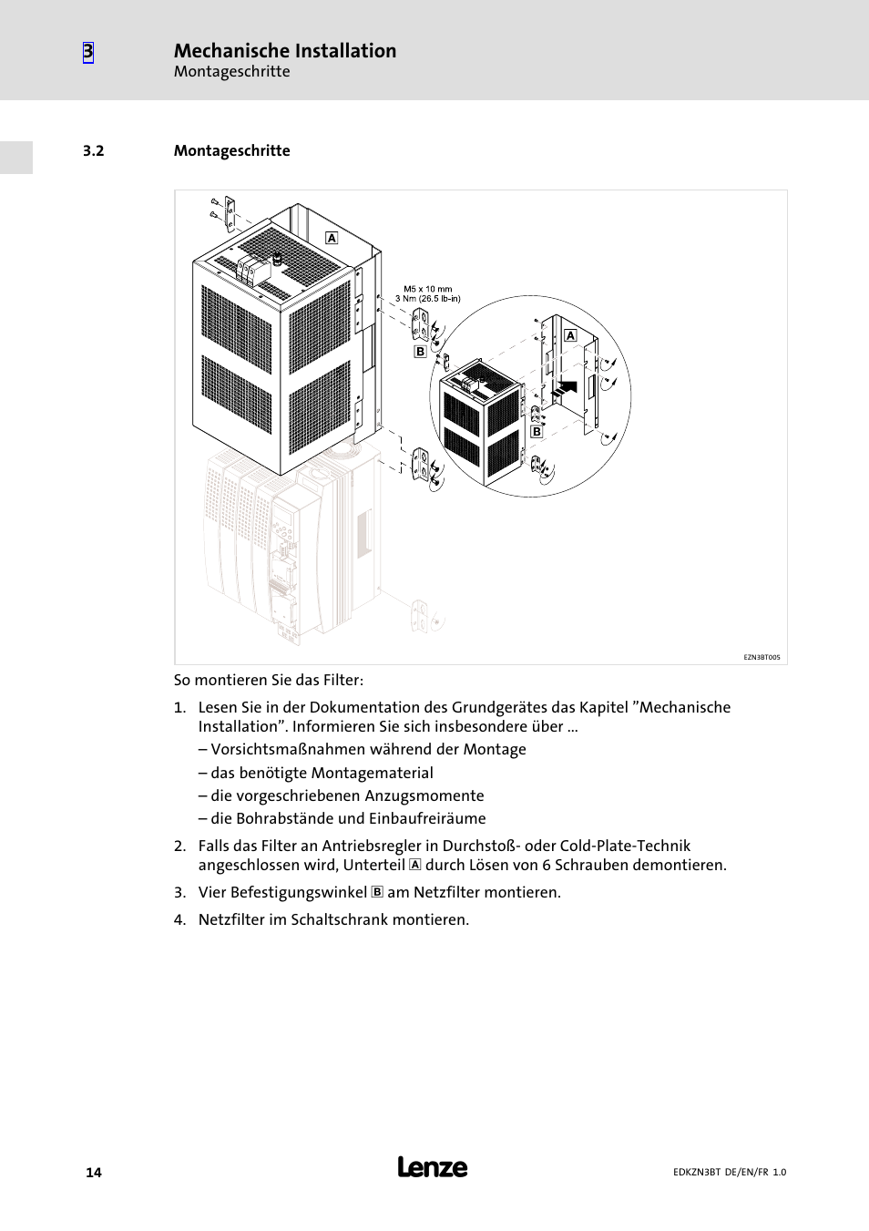 2 montageschritte, Montageschritte, Mechanische installation | Lenze EZN3B0055H060N003 User Manual | Page 14 / 46