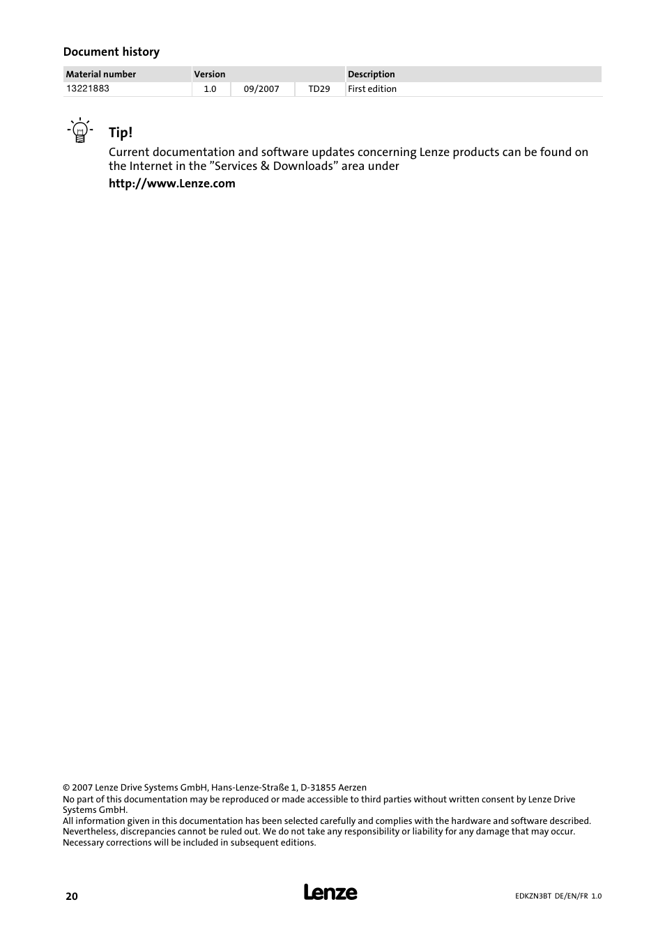 Document history | Lenze EZN3B0055H060N003 User Manual | Page 20 / 46