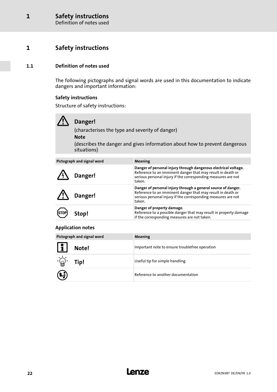 1 safety instructions, 1 definition of notes used, Safety instructions | Definition of notes used | Lenze EZN3B0055H060N003 User Manual | Page 22 / 46