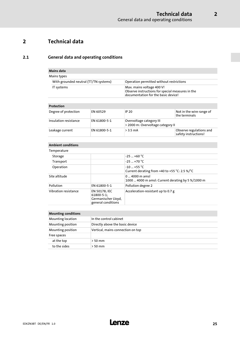 2 technical data, 1 general data and operating conditions, Technical data | General data and operating conditions, 2technical data | Lenze EZN3B0055H060N003 User Manual | Page 25 / 46