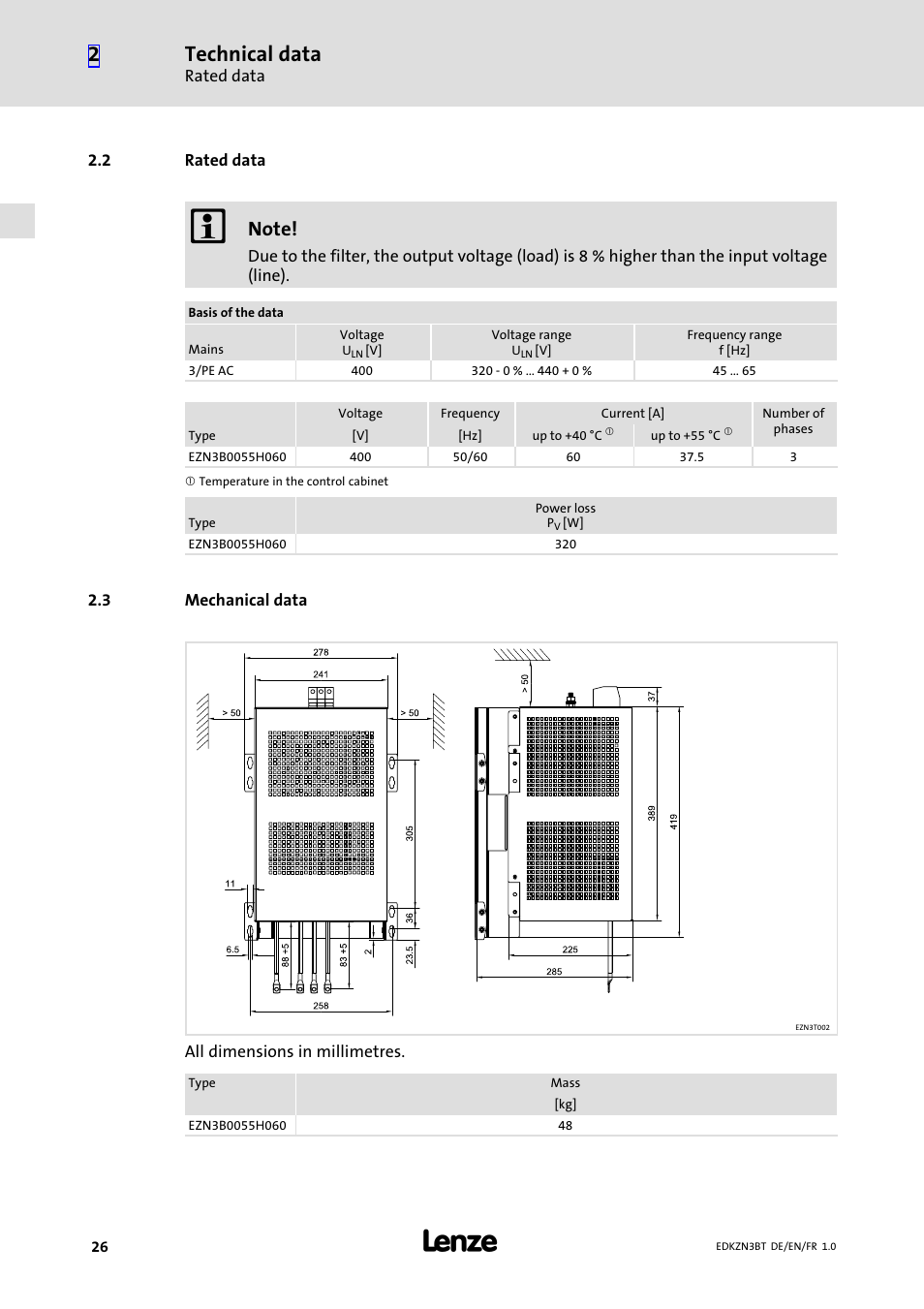 2 rated data, 3 mechanical data, Rated data | Mechanical data, Technical data | Lenze EZN3B0055H060N003 User Manual | Page 26 / 46