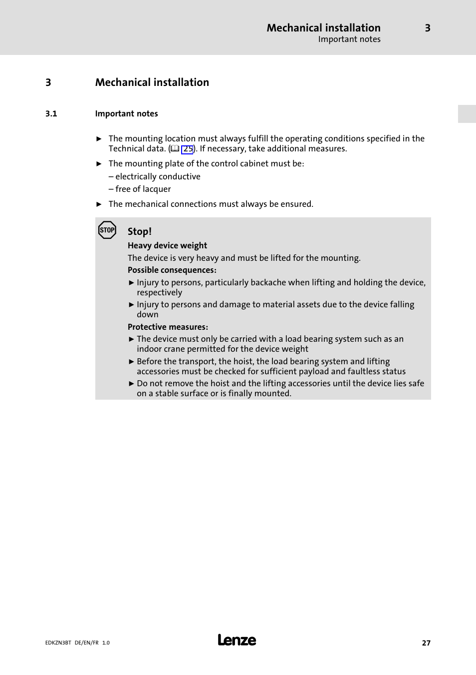 3 mechanical installation, 1 important notes, Mechanical installation | Important notes, 3mechanical installation | Lenze EZN3B0055H060N003 User Manual | Page 27 / 46