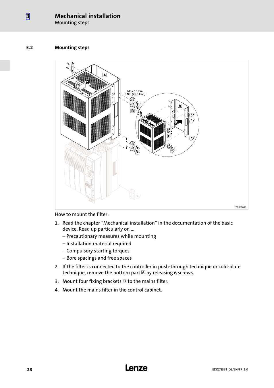 2 mounting steps, Mounting steps, Mechanical installation | Lenze EZN3B0055H060N003 User Manual | Page 28 / 46