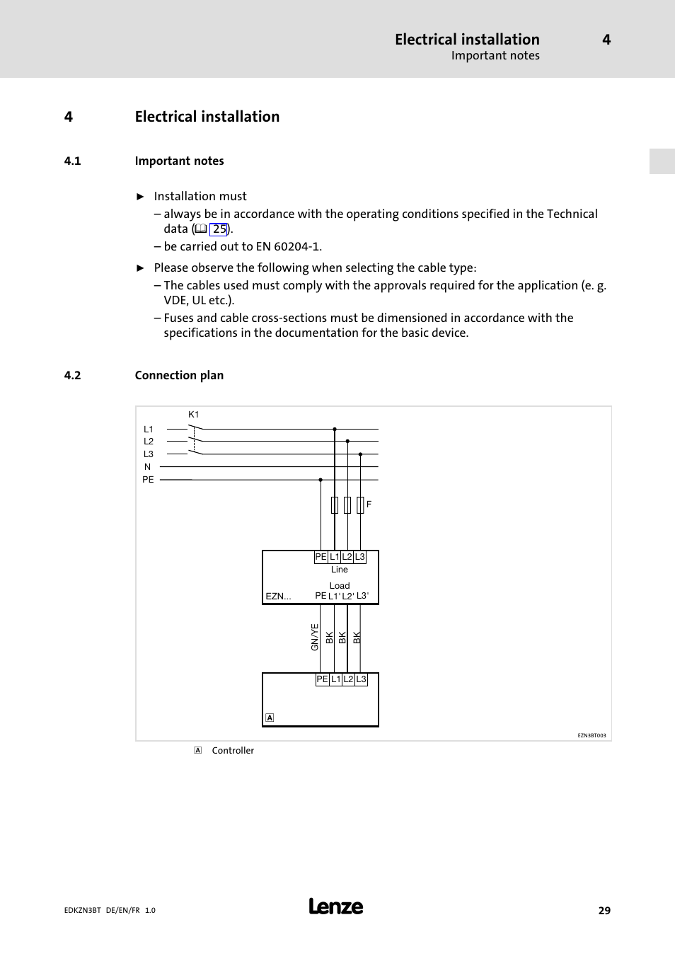 4 electrical installation, 1 important notes, 2 connection plan | Electrical installation, Important notes, Connection plan, 4electrical installation | Lenze EZN3B0055H060N003 User Manual | Page 29 / 46