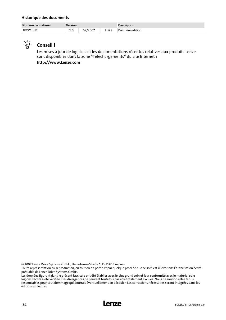 Historique des documents, Conseil | Lenze EZN3B0055H060N003 User Manual | Page 34 / 46