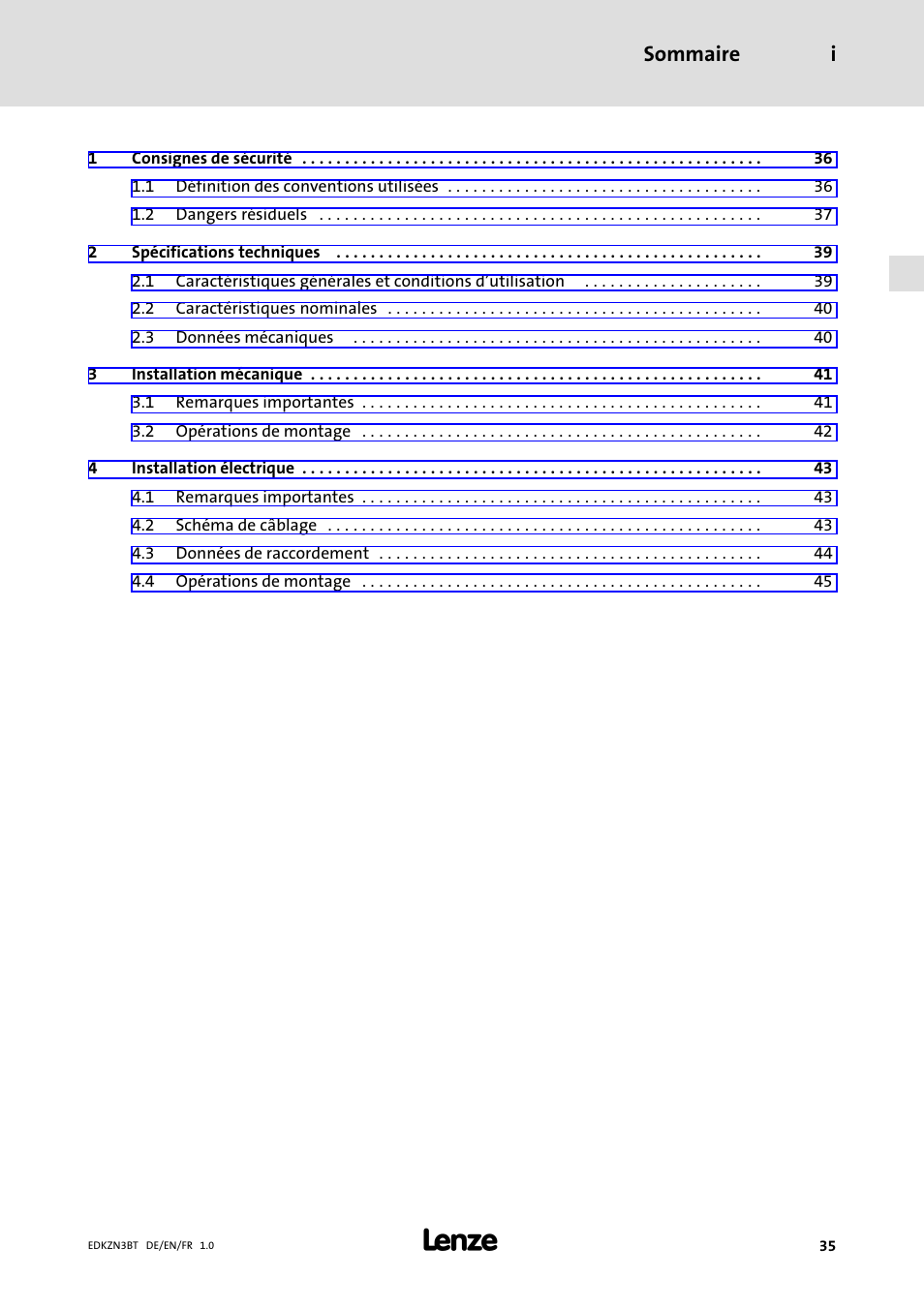 Sommaire, Sommaire i | Lenze EZN3B0055H060N003 User Manual | Page 35 / 46