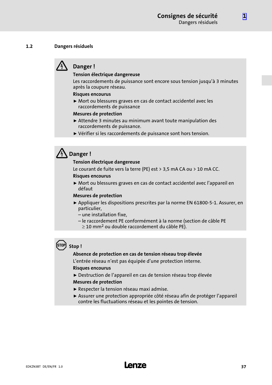 2 dangers résiduels, Dangers résiduels, Consignes de sécurité | Lenze EZN3B0055H060N003 User Manual | Page 37 / 46