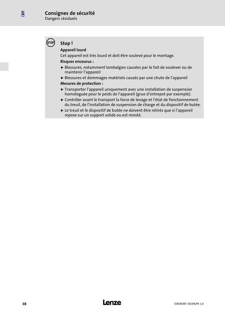 Consignes de sécurité | Lenze EZN3B0055H060N003 User Manual | Page 38 / 46
