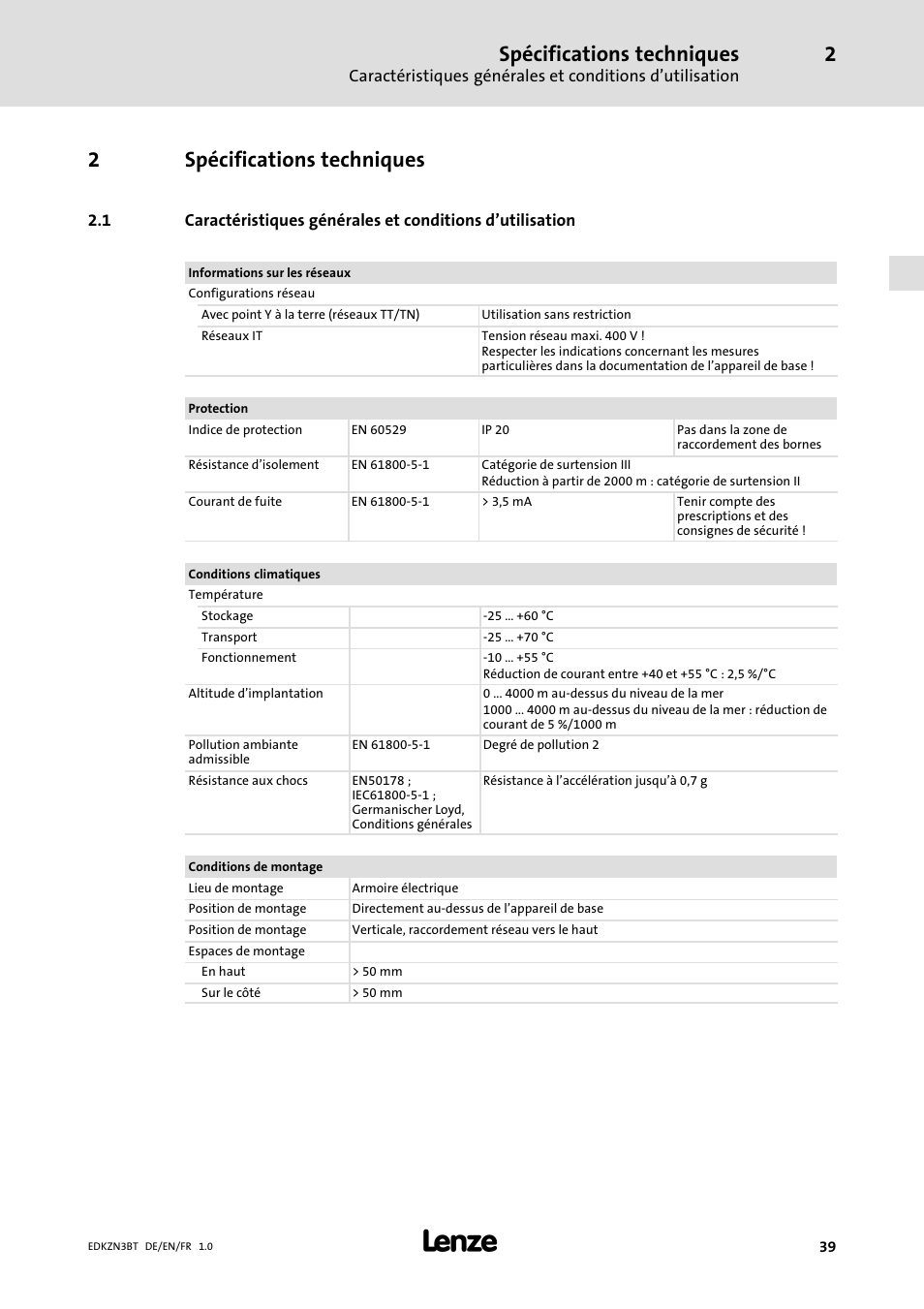 2 spécifications techniques, Spécifications techniques, 2spécifications techniques | Lenze EZN3B0055H060N003 User Manual | Page 39 / 46
