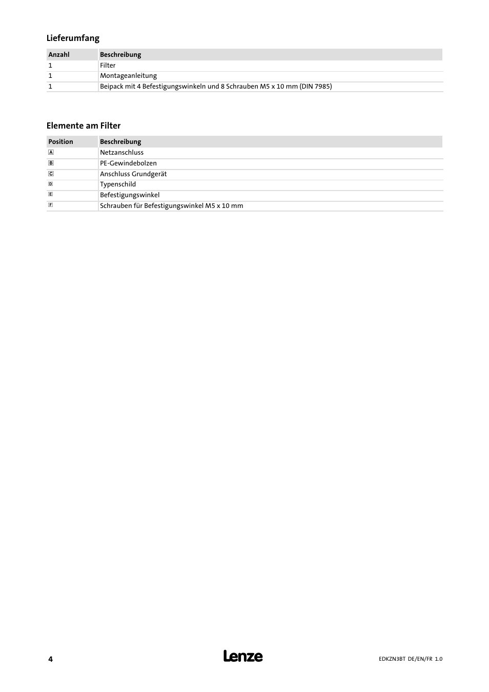 Lieferumfang, Elemente am filter | Lenze EZN3B0055H060N003 User Manual | Page 4 / 46