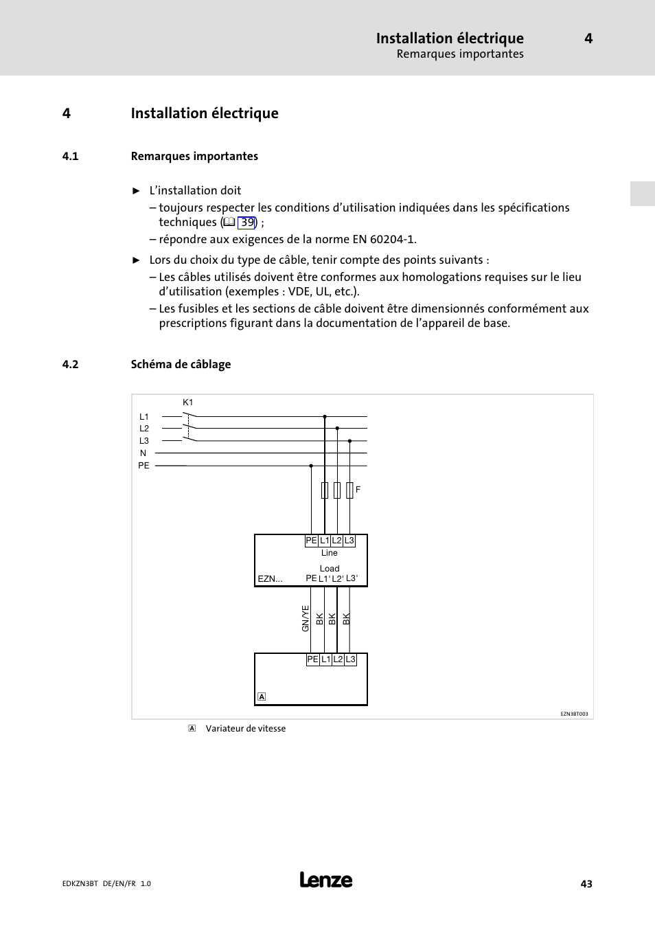 4 installation électrique, 1 remarques importantes, 2 schéma de câblage | Installation électrique, Remarques importantes, Schéma de câblage, 4installation électrique | Lenze EZN3B0055H060N003 User Manual | Page 43 / 46